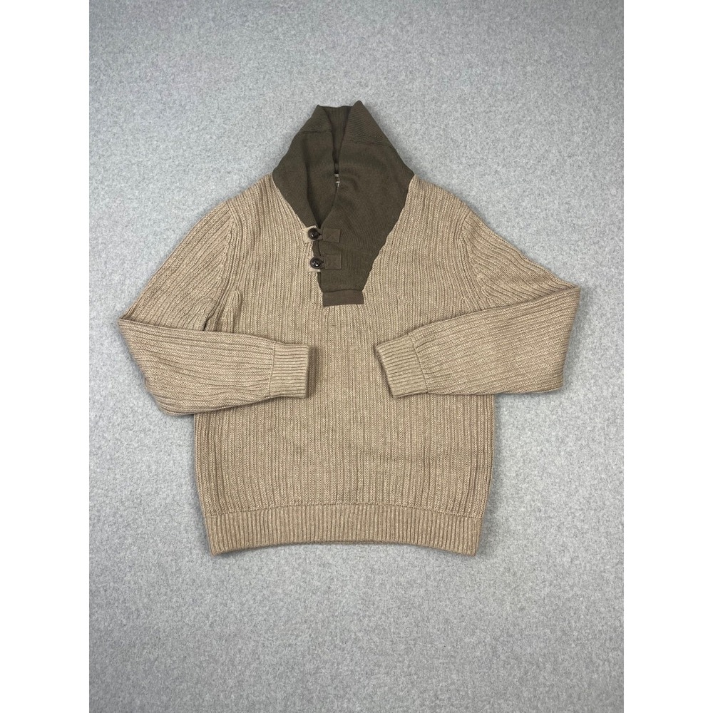 Duluth Trading Infantry Sweater Mens M Tan‎ Ribbed Knit Shawl Collar Wool Blend